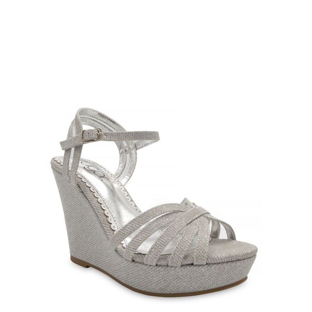SUGAR Womens Silver 1" Platform Capricorn Almond Toe Wedge Slingback Sandal 10 M
